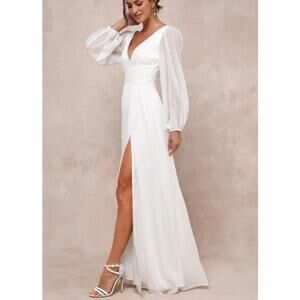 Lulus Bridal NWOT Enchant My Love White V-Neck Sheer Long Sleeve Maxi Dress XXL